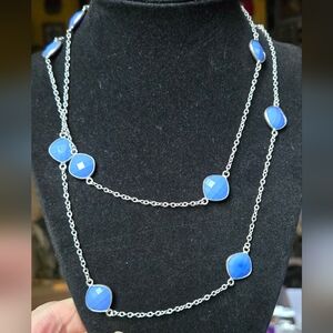 Chalcedony square beveled natural crystal gemstone sterling station necklace 18"